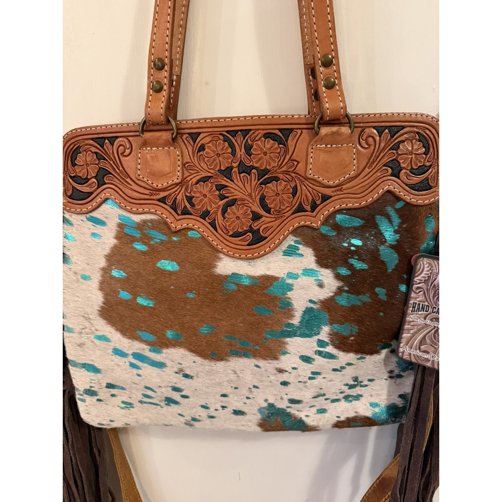 American Darling Women's Western  Tooled Embossed Cowhide Shoulder Bag Zip